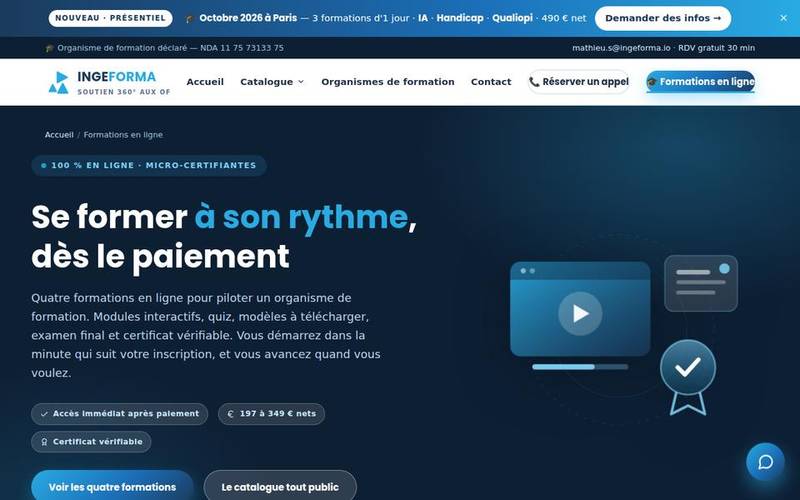 Catalogue de formations en ligne avec accès immédiat après paiement